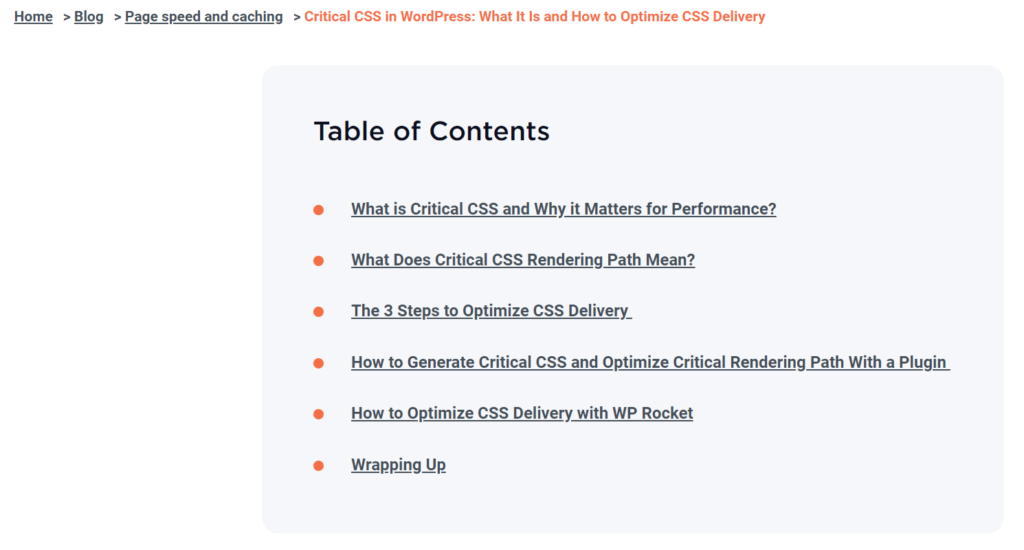 WPRocket Blog Table of Content Screenshot